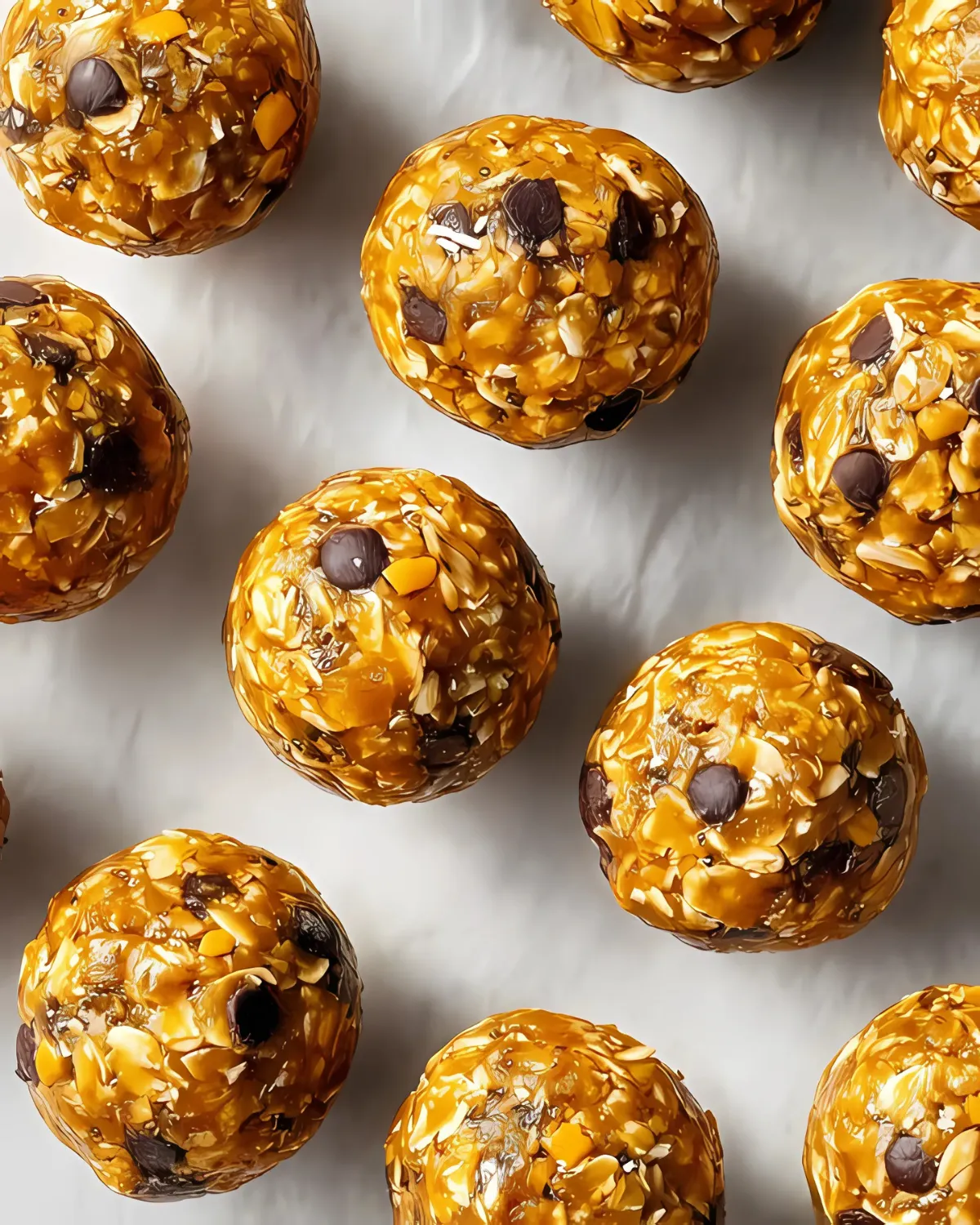 Flat lay of Pumpkin Energy Balls with oats, chocolate chips, and pumpkin pieces on parchment paper