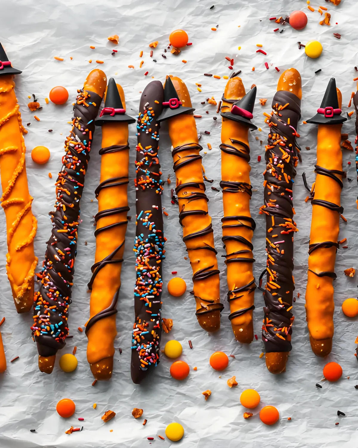 Halloween Pretzel Rods dipped in chocolate and orange candy coating with festive sprinkles and witch hat decorations