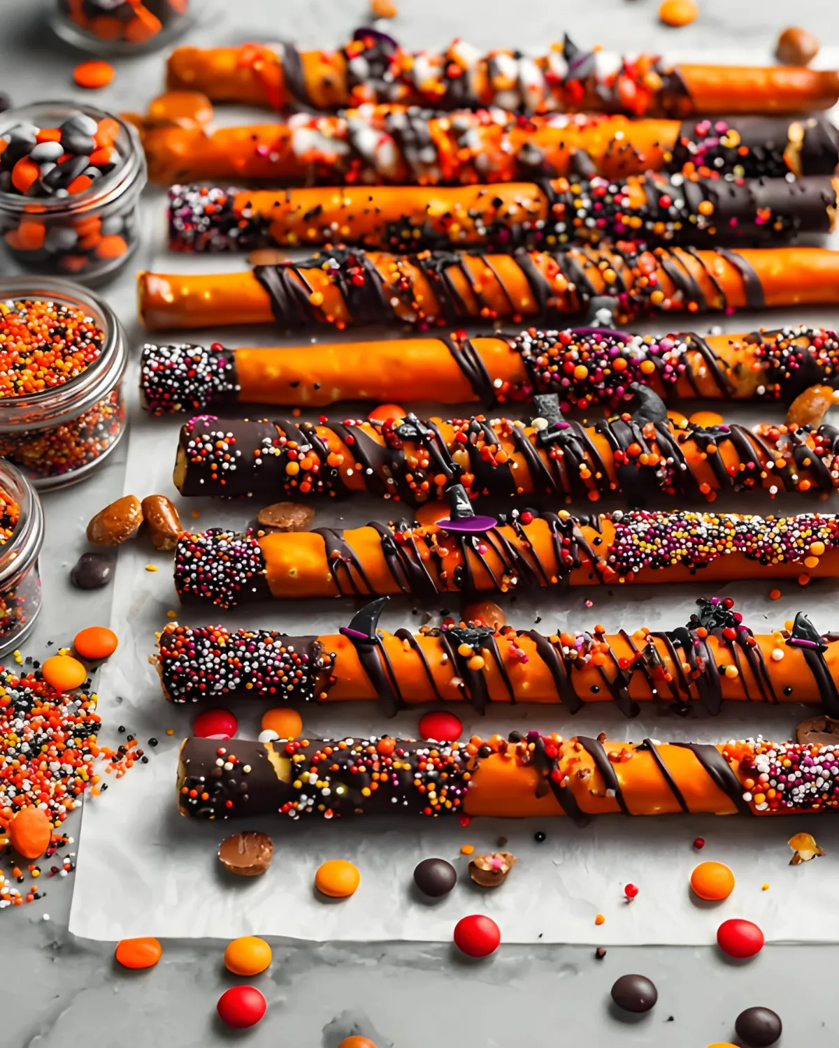 Halloween Pretzel Rods coated in orange and chocolate candy melts with Halloween sprinkles and candy toppings