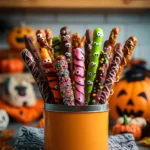 Halloween Pretzel Rods decorated with monster eyes, colorful candy melts, and sprinkles in an orange Halloween bucket