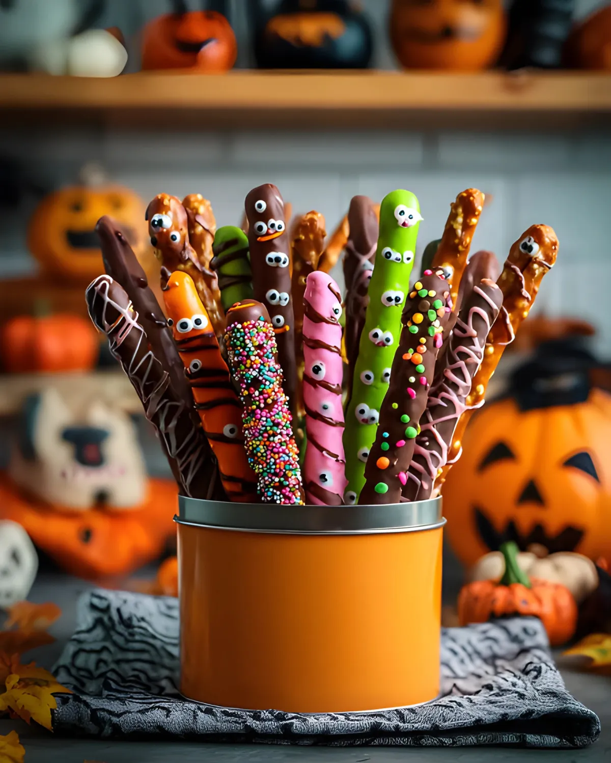 Halloween Pretzel Rods decorated with monster eyes, colorful candy melts, and sprinkles in an orange Halloween bucket