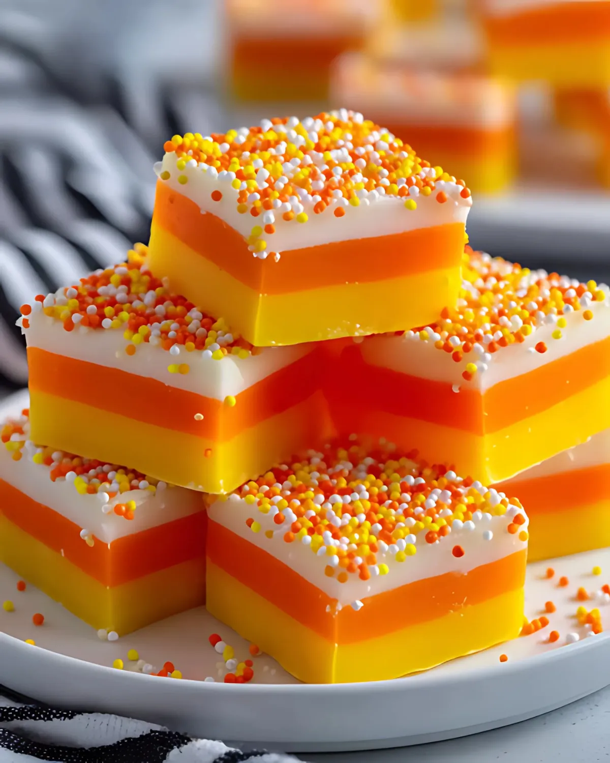 A plate stacked with vibrant candy corn fudge pieces featuring yellow, orange, and white layers topped with colorful sprinkles.
