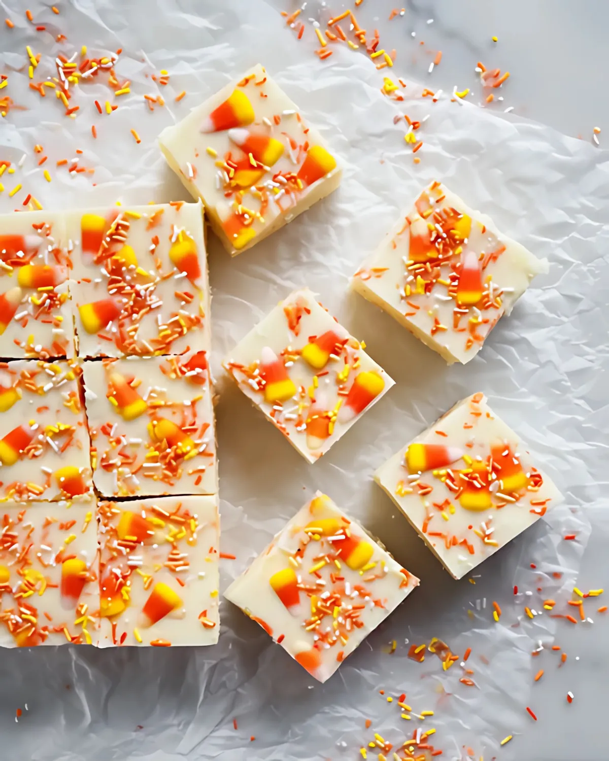 Squares of candy corn fudge topped with whole candy corn pieces and colorful sprinkles on parchment paper.