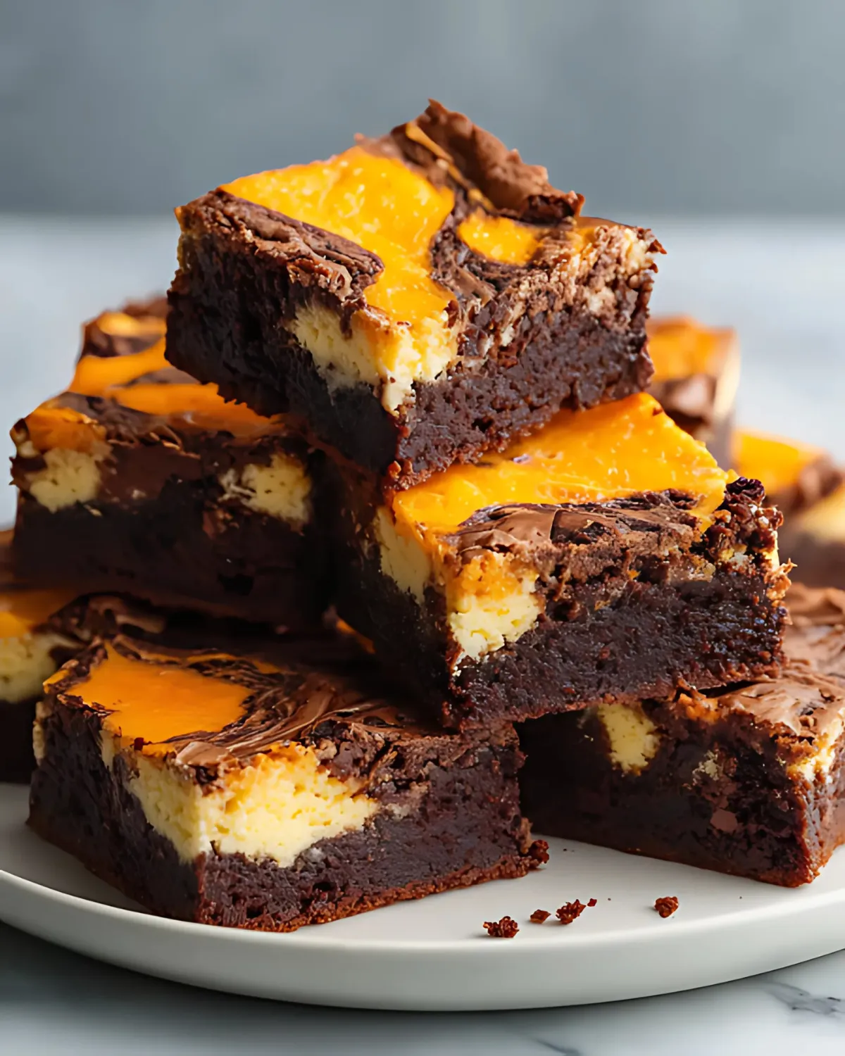 Stack of rich orange cream cheese swirl brownies with fudgy chocolate and creamy orange topping.