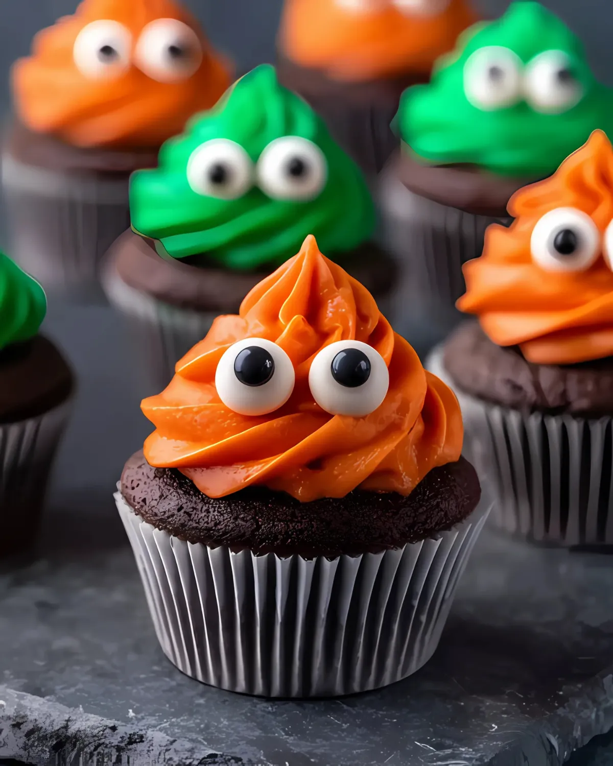 Close-up of chocolate monster cupcake with orange frosting and candy eyes – Monster Cupcakes Recipe