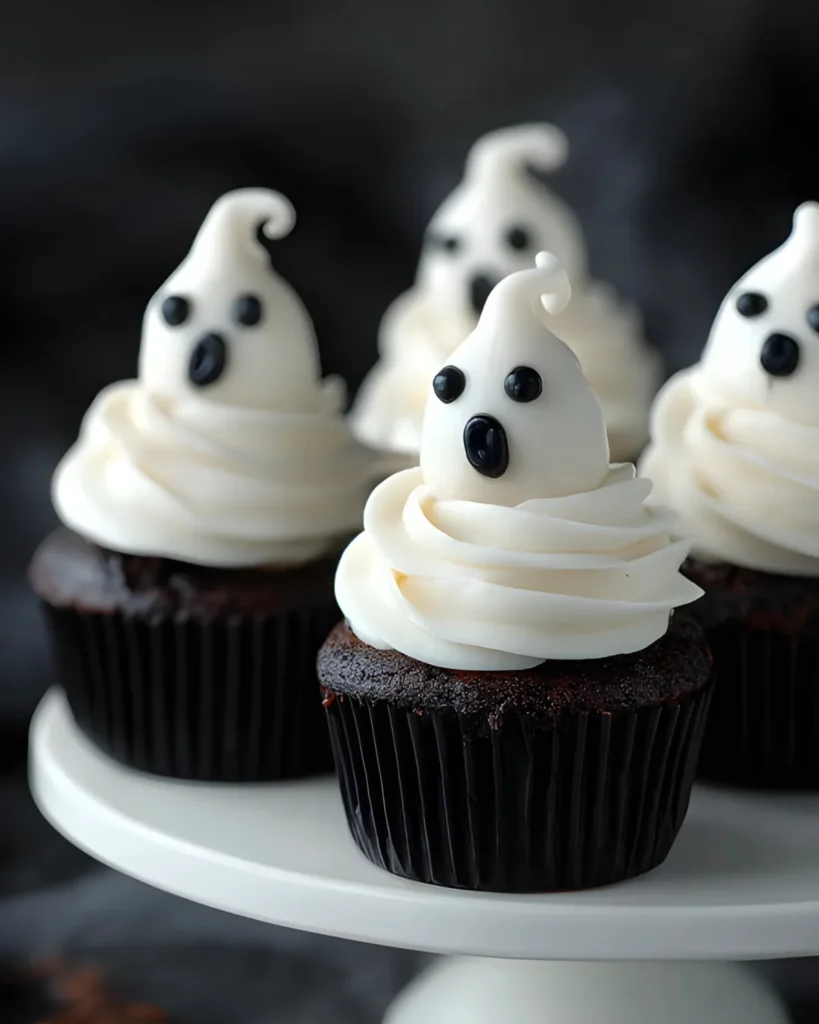 Close-up of Ghost Cupcakes with dark chocolate base and ghost-shaped vanilla frosting on a white cake stand for Halloween