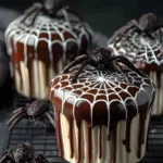 Spiderweb Chocolate Cupcakes decorated with white icing webs and chocolate spiders for a spooky Halloween treat.