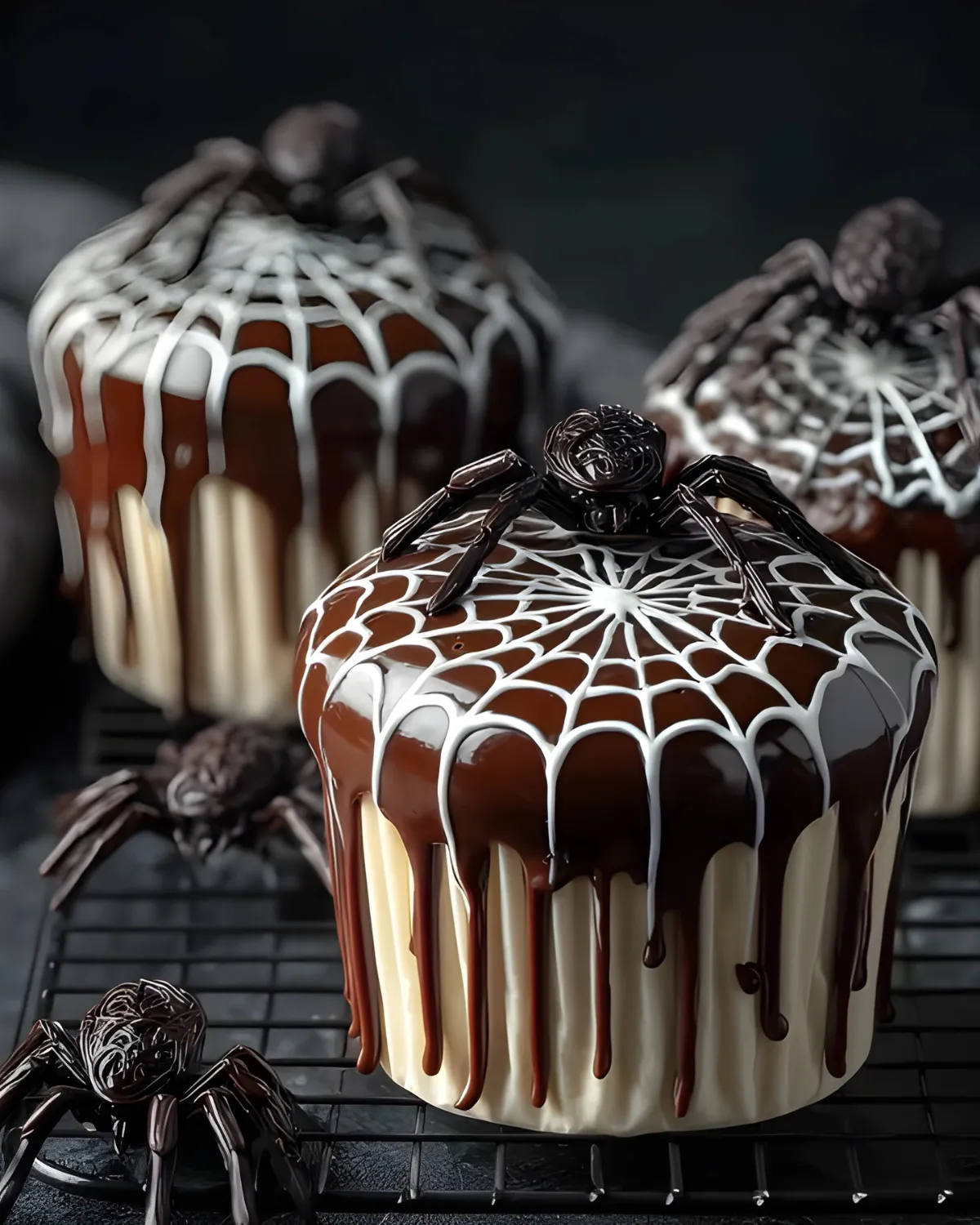 Spiderweb Chocolate Cupcakes decorated with white icing webs and chocolate spiders for a spooky Halloween treat.