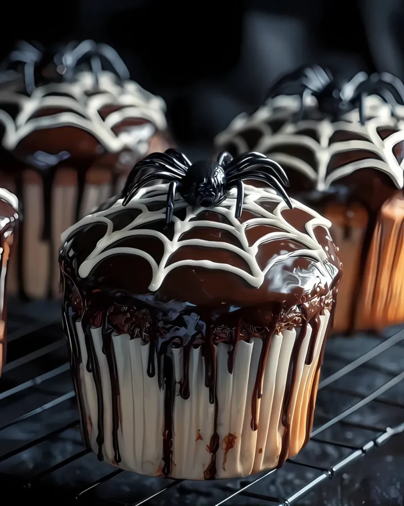 Close-up of Spiderweb Chocolate Cupcakes with glossy chocolate ganache, white web icing, and a spooky black spider topper.