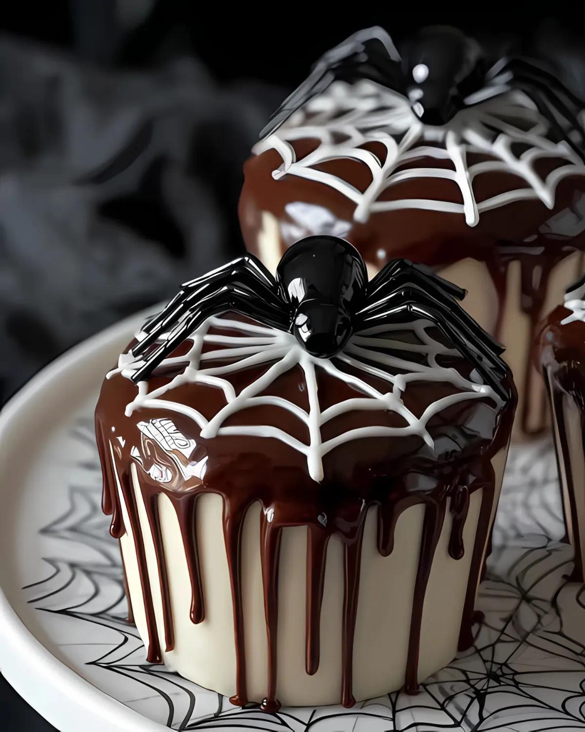 Spiderweb Chocolate Cupcakes with white icing webs, dark chocolate glaze, and glossy black spider decorations on a web-patterned plate.