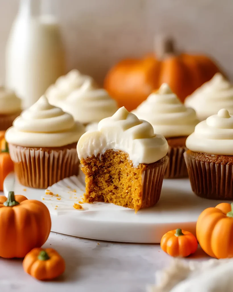 Pumpkin cupcakes with cream cheese frosting, one with a bite taken out, surrounded by mini pumpkins
