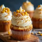 Corn Mini Cupcakes with piped frosting, sweet corn kernels, and crumb topping on a wooden board