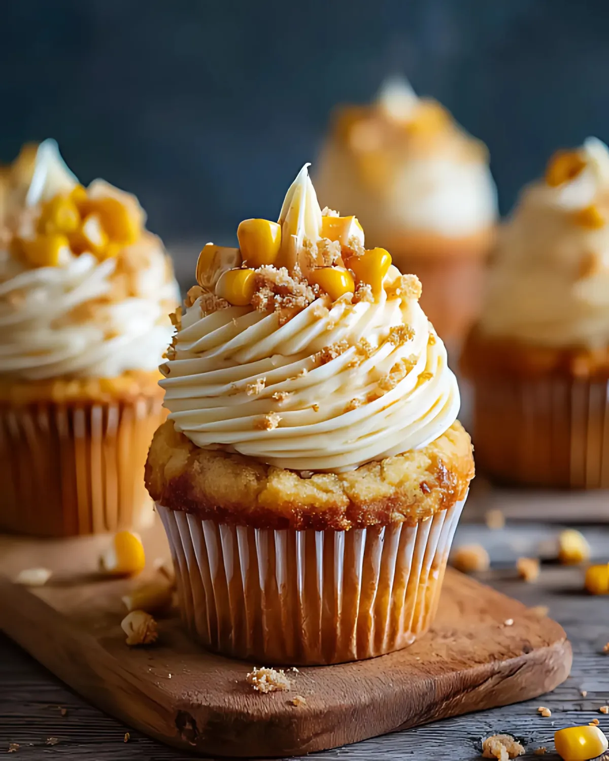 Corn Mini Cupcakes with piped frosting, sweet corn kernels, and crumb topping on a wooden board