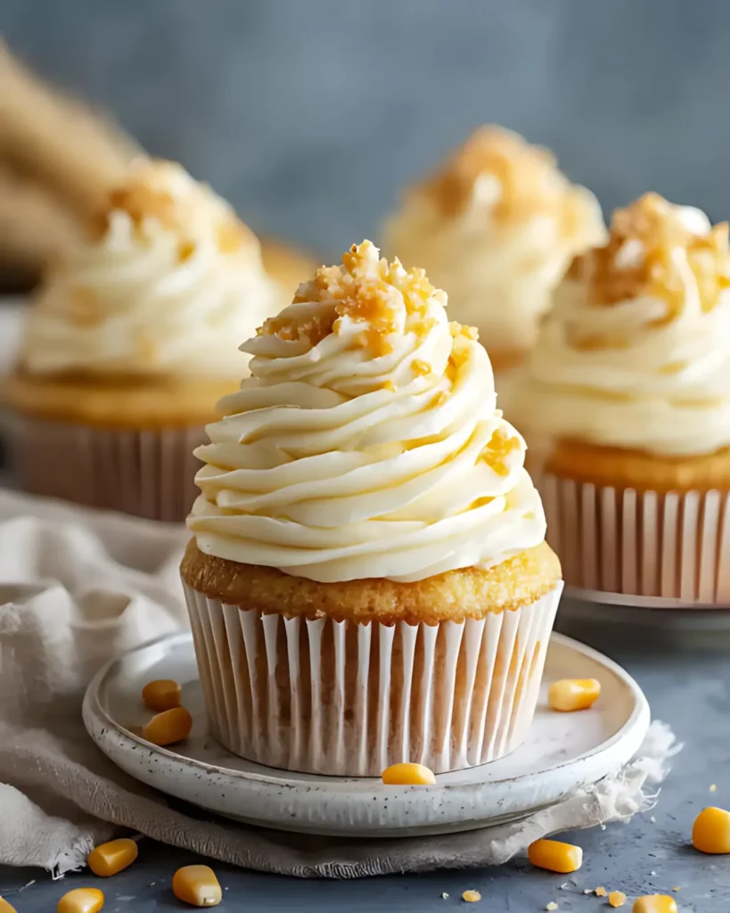 Corn Mini Cupcakes topped with buttercream frosting and golden crumb topping on a rustic plate