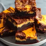 Close-up of fudgy orange cream cheese swirl brownies stacked on a plate with vibrant layers.