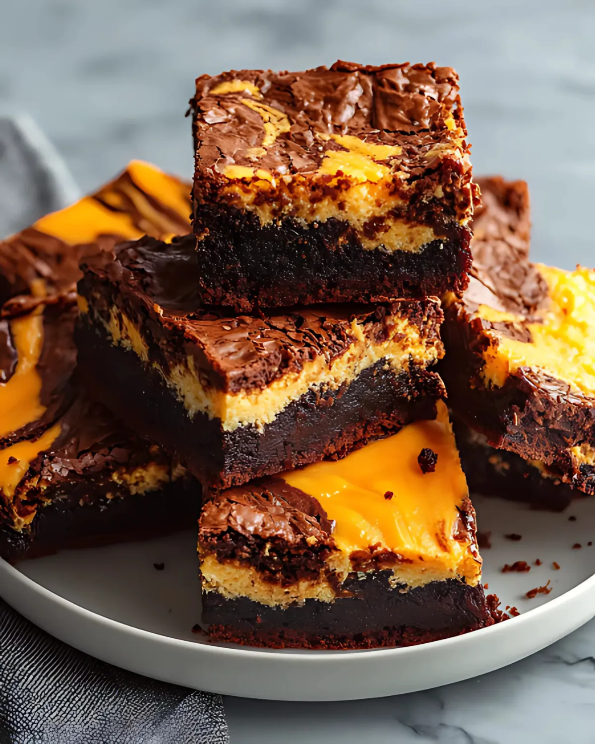 Close-up of fudgy orange cream cheese swirl brownies stacked on a plate with vibrant layers.