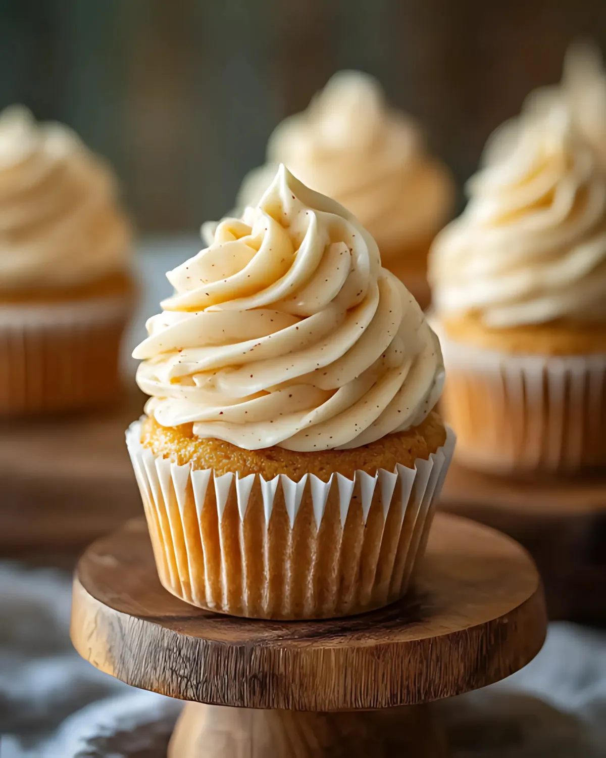 Corn Mini Cupcakes topped with vanilla-speckled buttercream frosting on a wooden stand