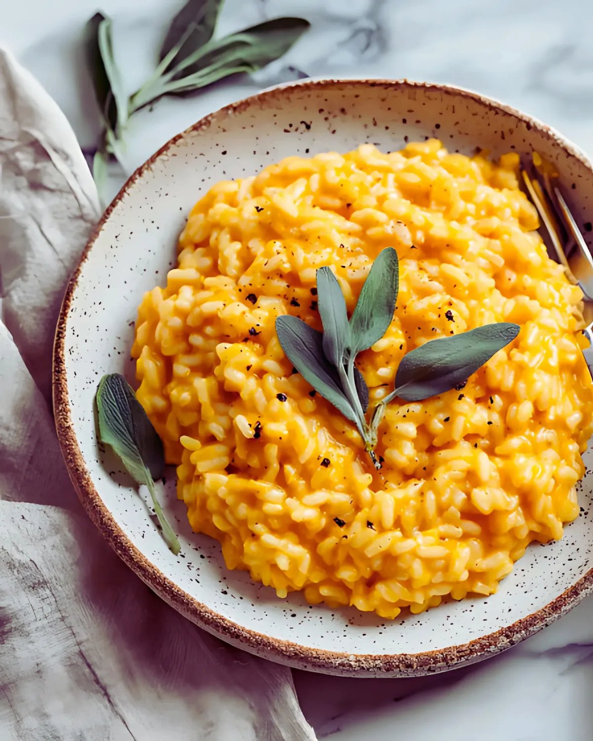 Pumpkin risotto served on a rustic plate, garnished with fresh sage leaves and cracked black pepper
