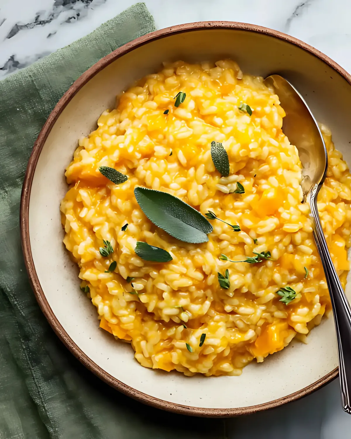 Pumpkin risotto with golden chunks of pumpkin, garnished with sage and thyme on a ceramic plate
