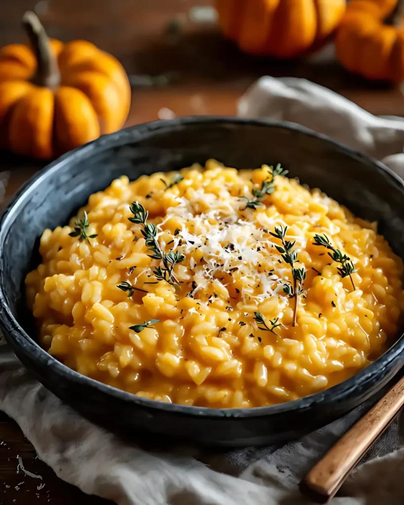 Creamy pumpkin risotto topped with parmesan and fresh thyme in a rustic black bowl
