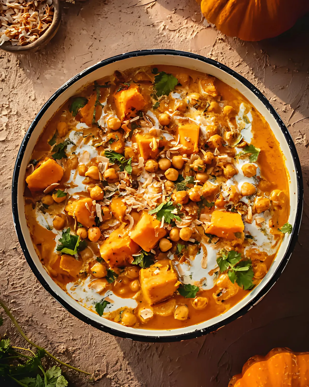 Creamy vegan pumpkin curry with chickpeas, garnished with fresh cilantro and toasted coconut in a rustic bowl
