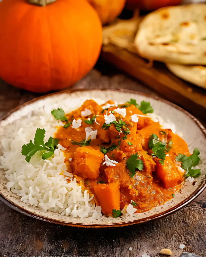 Pumpkin curry served with steamed basmati rice, garnished with cilantro and coconut flakes