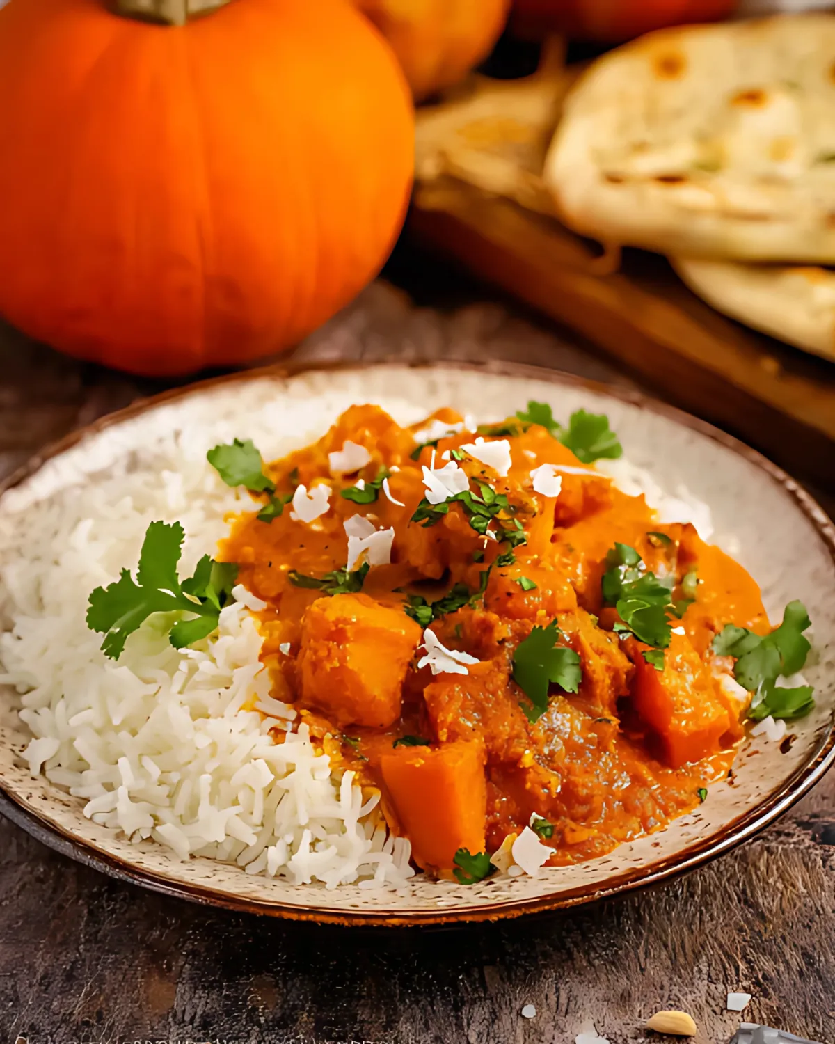 Pumpkin curry served with steamed basmati rice, garnished with cilantro and coconut flakes