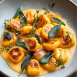 Creamy pumpkin gnocchi with sage butter and fresh herbs served in a rustic bowl.