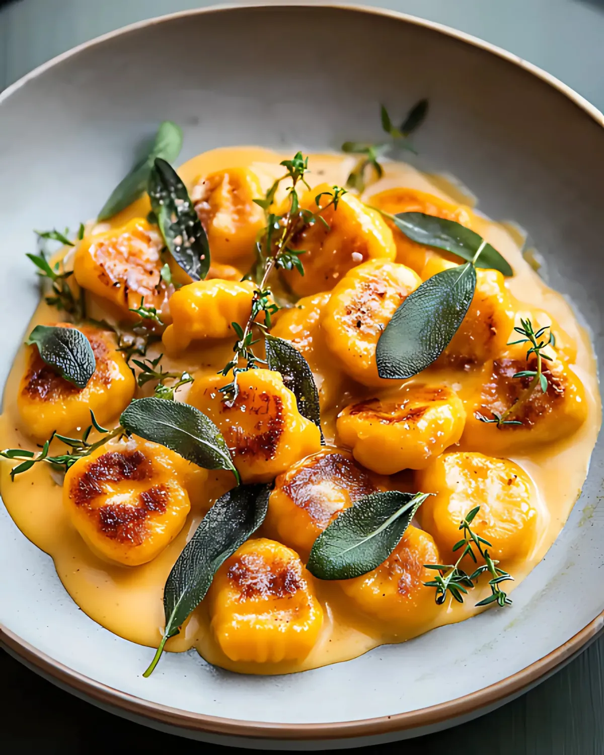 Creamy pumpkin gnocchi with sage butter and fresh herbs served in a rustic bowl.