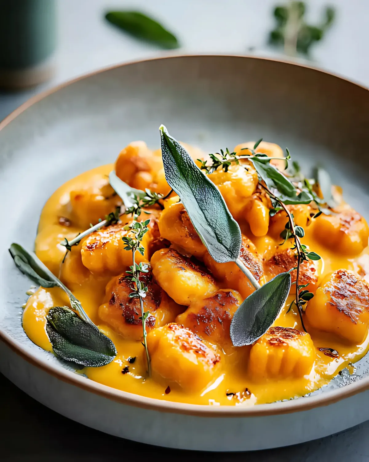 Pumpkin gnocchi served in a creamy sage sauce and topped with crispy sage leaves and thyme sprigs.