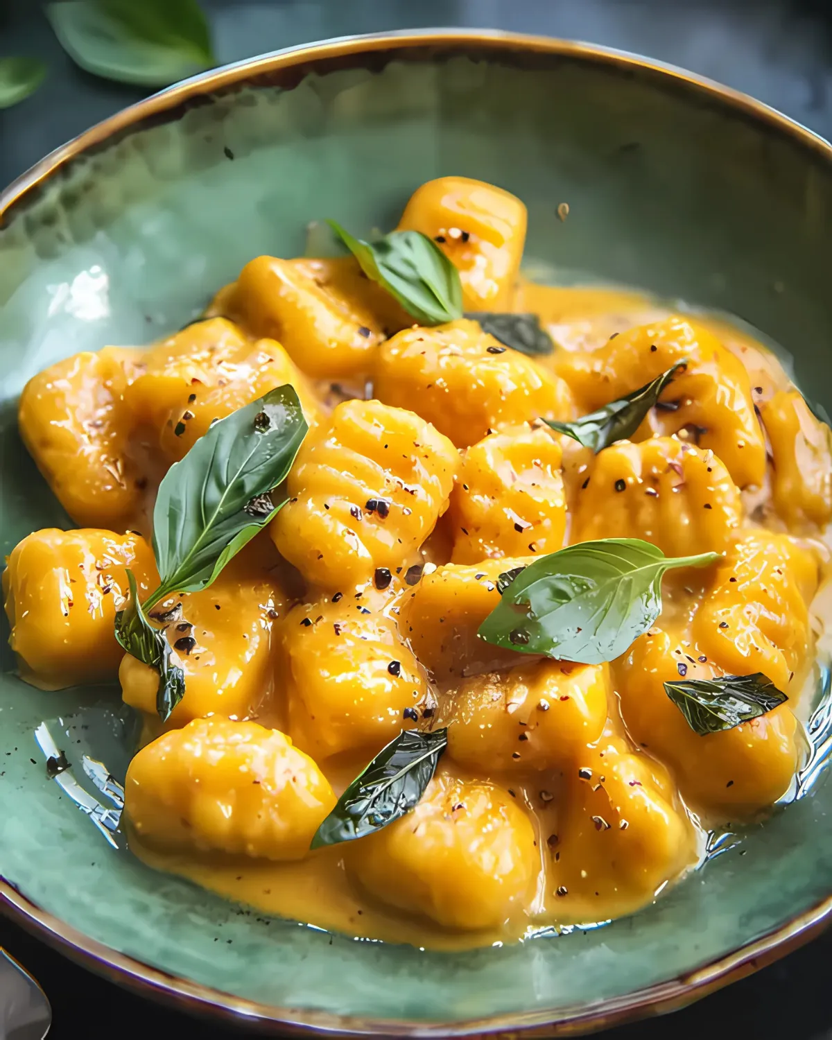 Creamy pumpkin gnocchi garnished with fresh basil leaves and cracked black pepper in a green ceramic bowl.