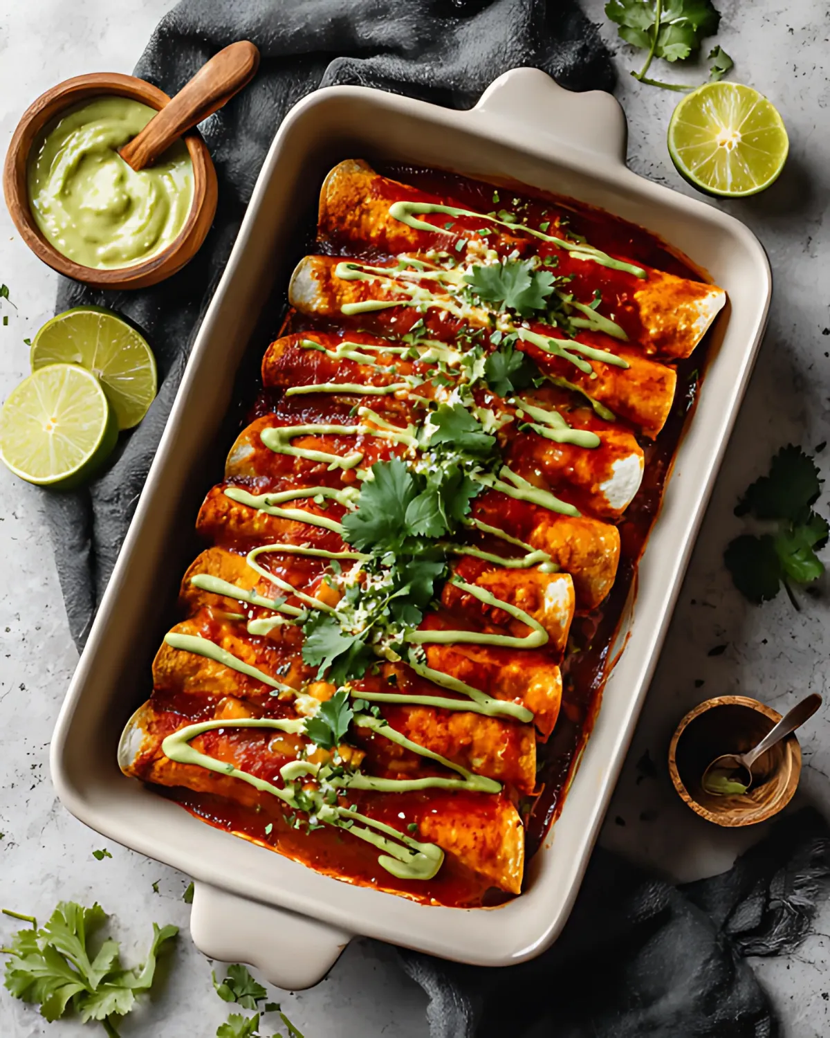 Baked Pumpkin Black Bean Enchiladas in a casserole dish topped with creamy green sauce and cilantro