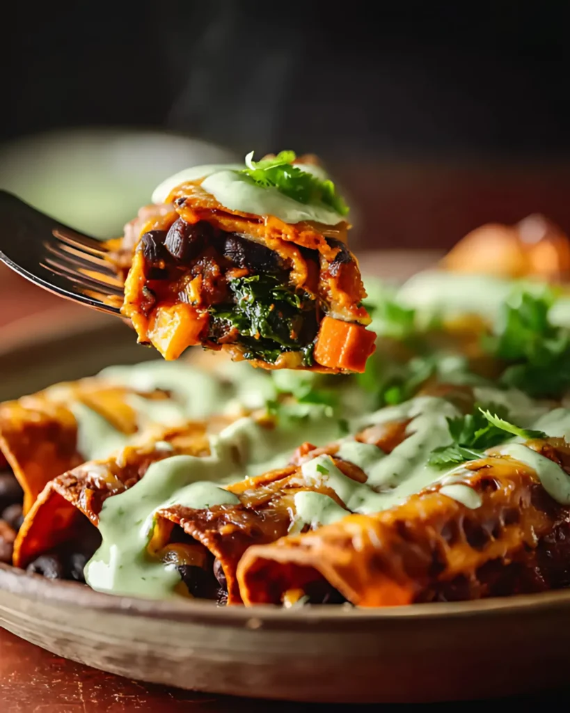 Fork holding a bite of Pumpkin Black Bean Enchiladas filled with black beans, kale, and sweet potatoes topped with green sauce