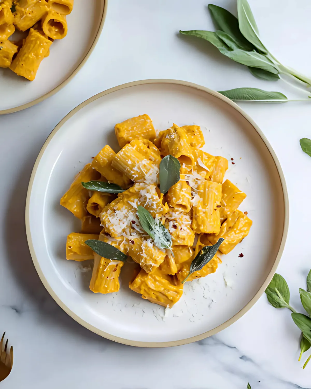 Creamy Pumpkin Sage Pasta topped with parmesan cheese and fresh sage leaves on a white plate