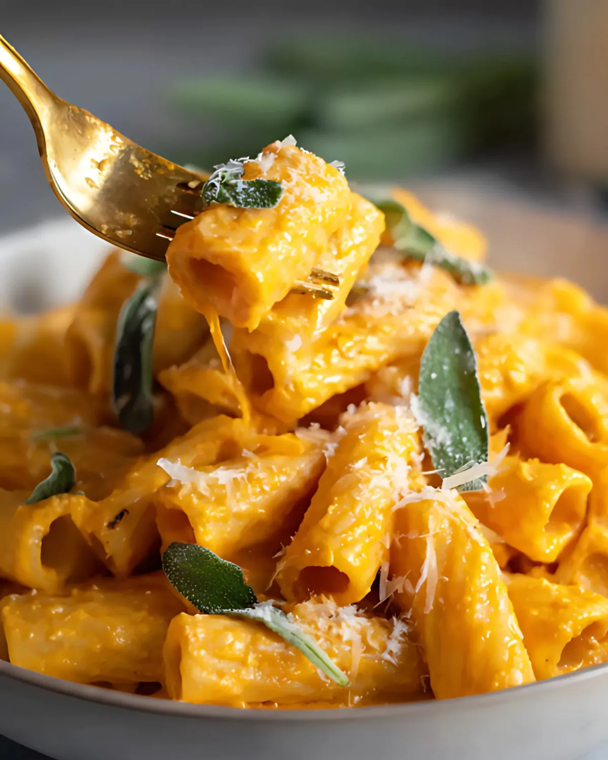 Close-up of creamy Pumpkin Sage Pasta with parmesan and crispy sage on a fork