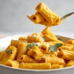 Bowl of Pumpkin Sage Pasta with creamy sauce, grated parmesan, and sage on a fork