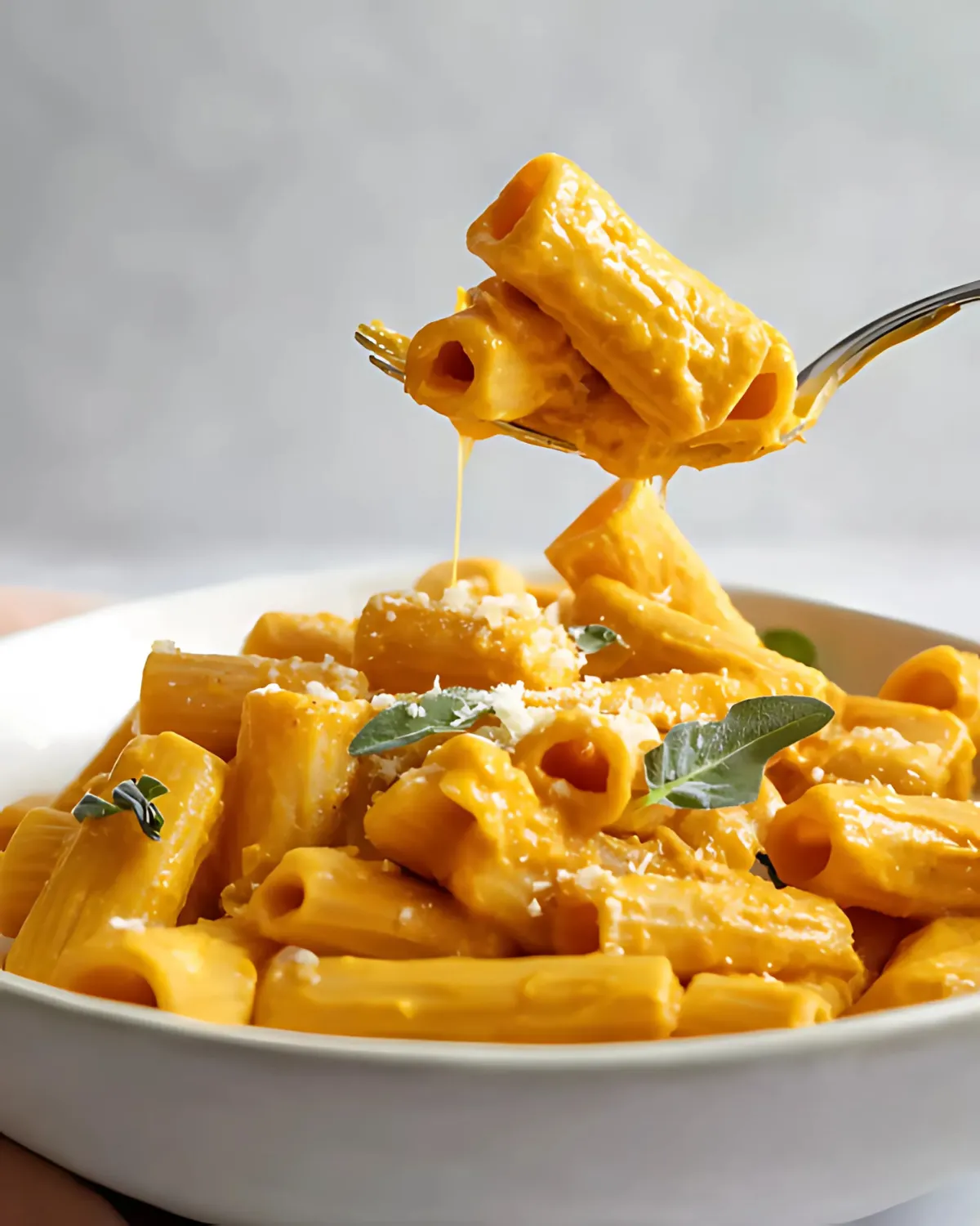 Bowl of Pumpkin Sage Pasta with creamy sauce, grated parmesan, and sage on a fork