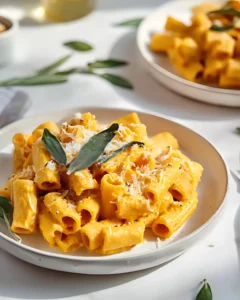 Pumpkin Sage Pasta served on a white plate with parmesan cheese and crispy sage in natural light