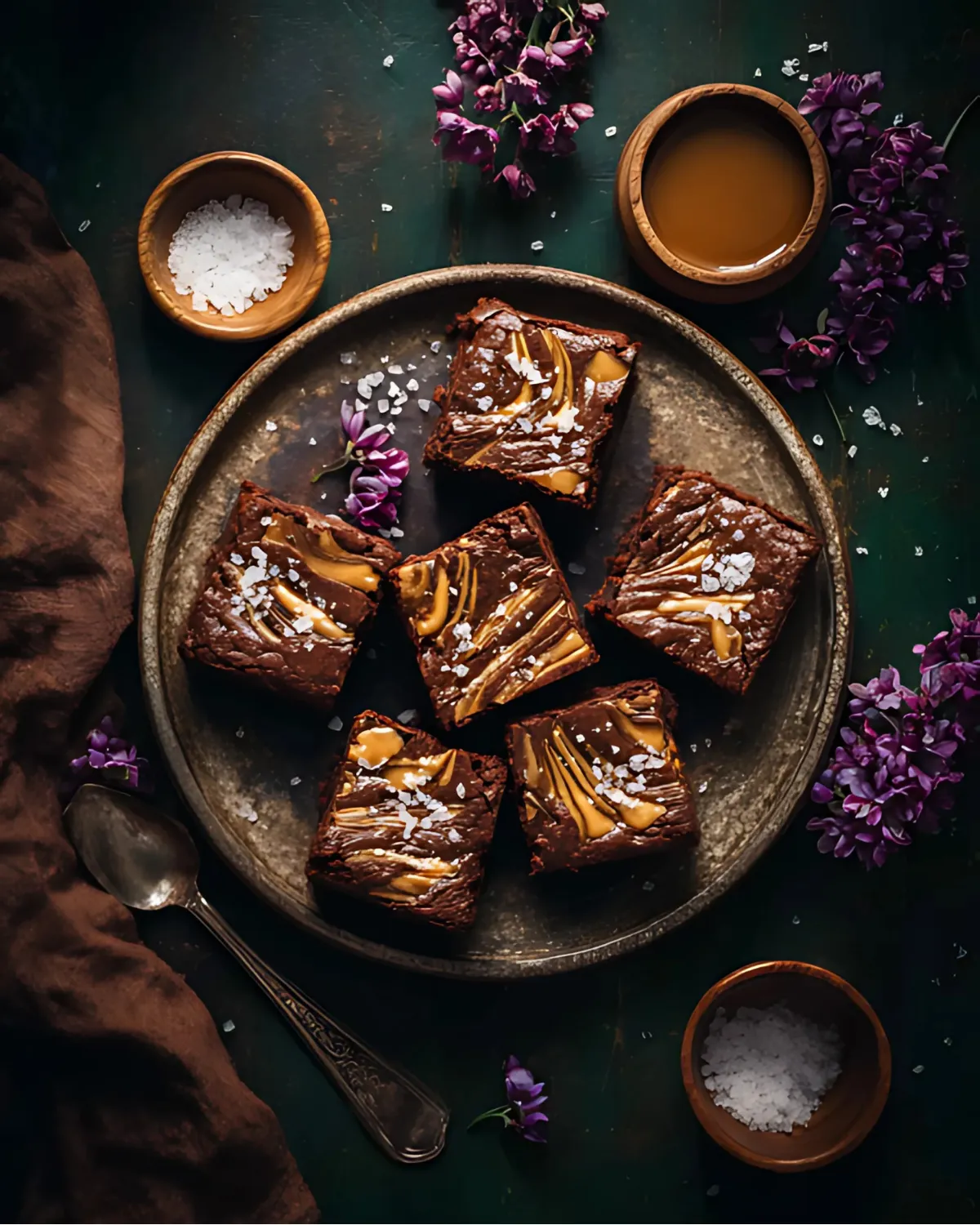 Rich and fudgy salted caramel pumpkin brownies topped with flaky sea salt on a rustic plate.