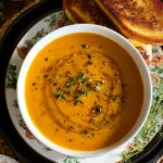 Creamy pumpkin soup in a pumpkin bowl, garnished with herbs and black pepper, served with toasted bread.