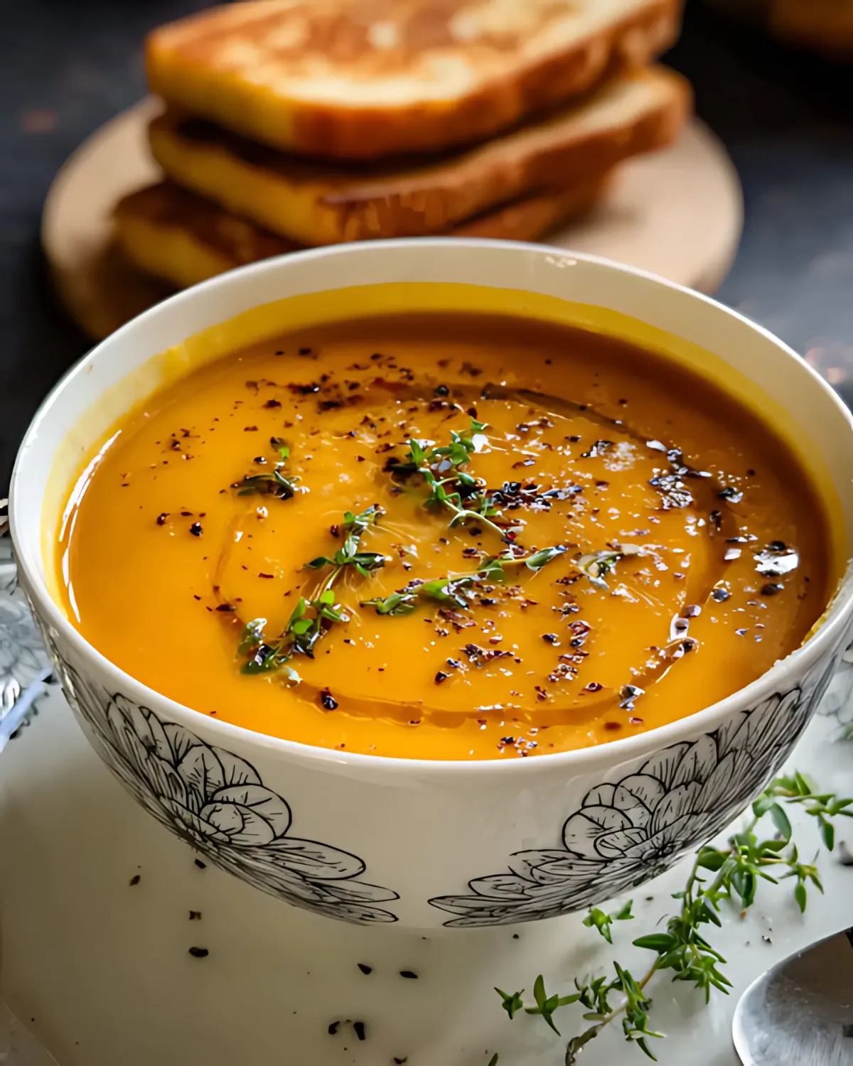 Pumpkin Soup in a Pumpkin Bowl garnished with herbs and cracked pepper, served with golden toasted bread slices.