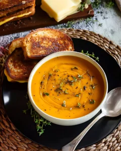Pumpkin Soup in a Pumpkin Bowl topped with herbs and black pepper, served with grilled cheese sandwiches.