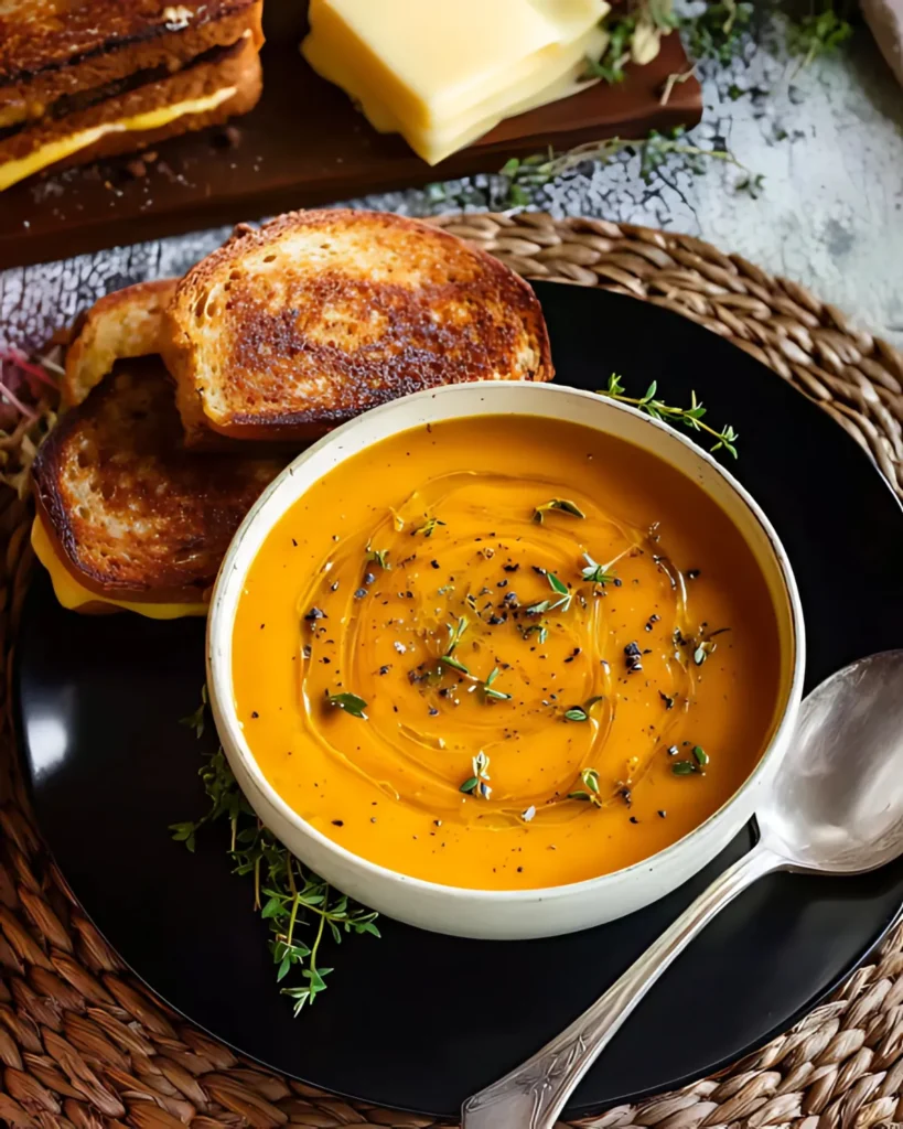 Pumpkin Soup in a Pumpkin Bowl topped with herbs and black pepper, served with grilled cheese sandwiches.