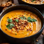 Creamy Thai Pumpkin Coconut Soup topped with peanuts, chili flakes, and fresh cilantro in a rustic bowl