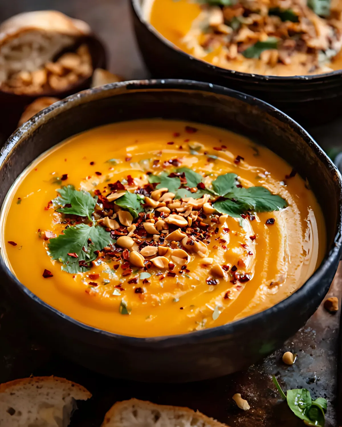 Creamy Thai Pumpkin Coconut Soup topped with peanuts, chili flakes, and fresh cilantro in a rustic bowl