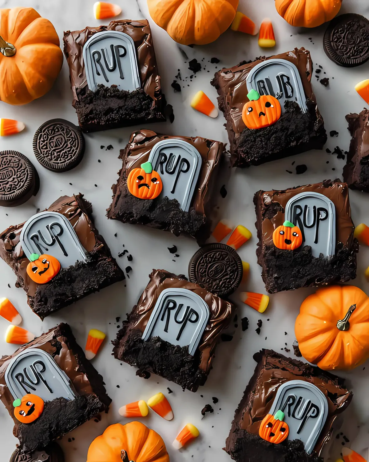 Graveyard brownies with cookie tombstones decorated with pumpkins and Halloween candy