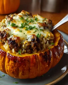 Close-up of stuffed pumpkin with rice and sausage, melted cheese, and parsley garnish served on a rustic plate.