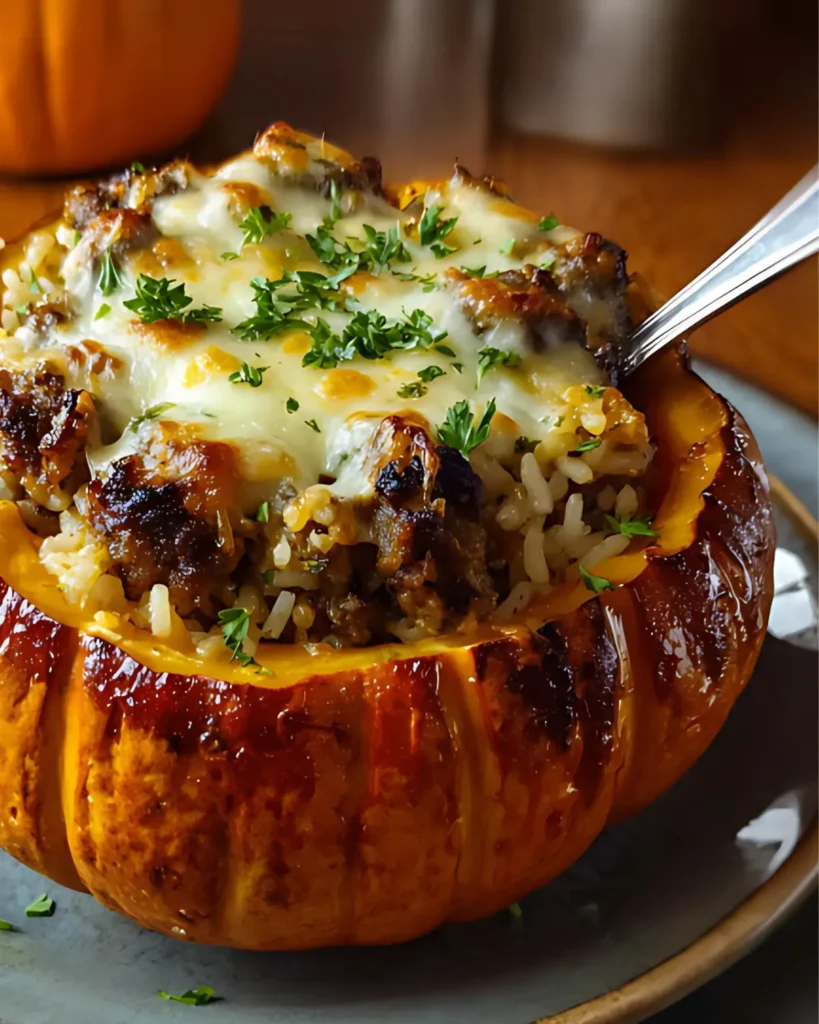 Close-up of stuffed pumpkin with rice and sausage, melted cheese, and parsley garnish served on a rustic plate.