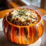 Baked stuffed pumpkin with rice and sausage, wild rice blend, melted cheese, and fresh herbs on a neutral ceramic plate.