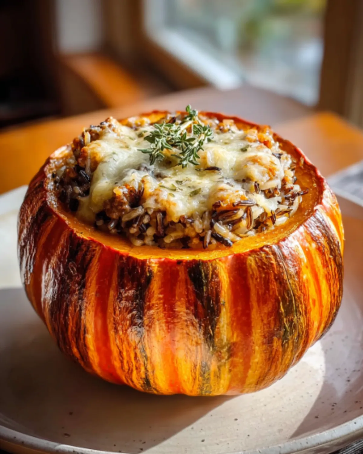 Baked stuffed pumpkin with rice and sausage, wild rice blend, melted cheese, and fresh herbs on a neutral ceramic plate.